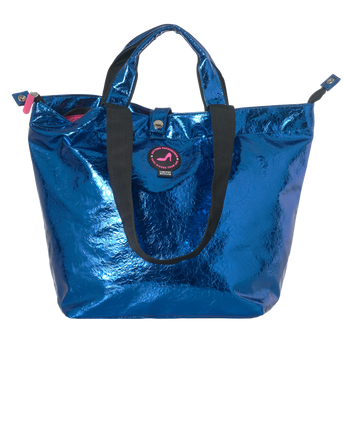 Mini shopper met rits, PU metallic blauw en zwarte hengsels