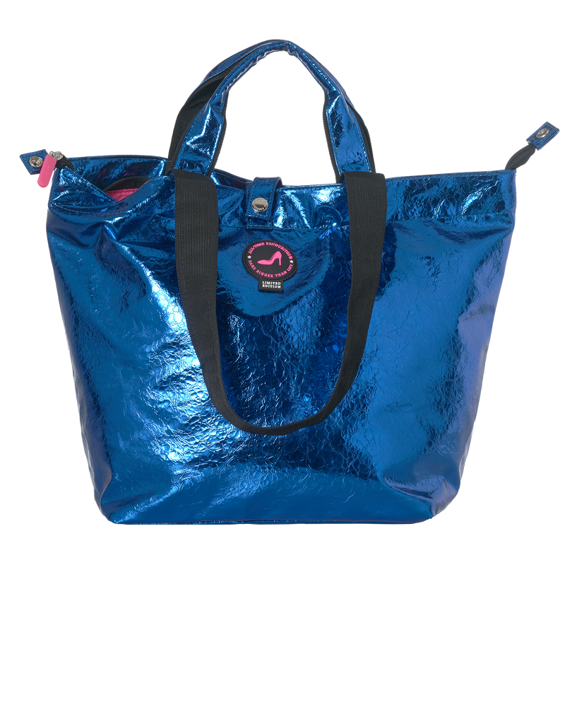 Mini shopper met rits, PU metallic blauw en zwarte hengsels