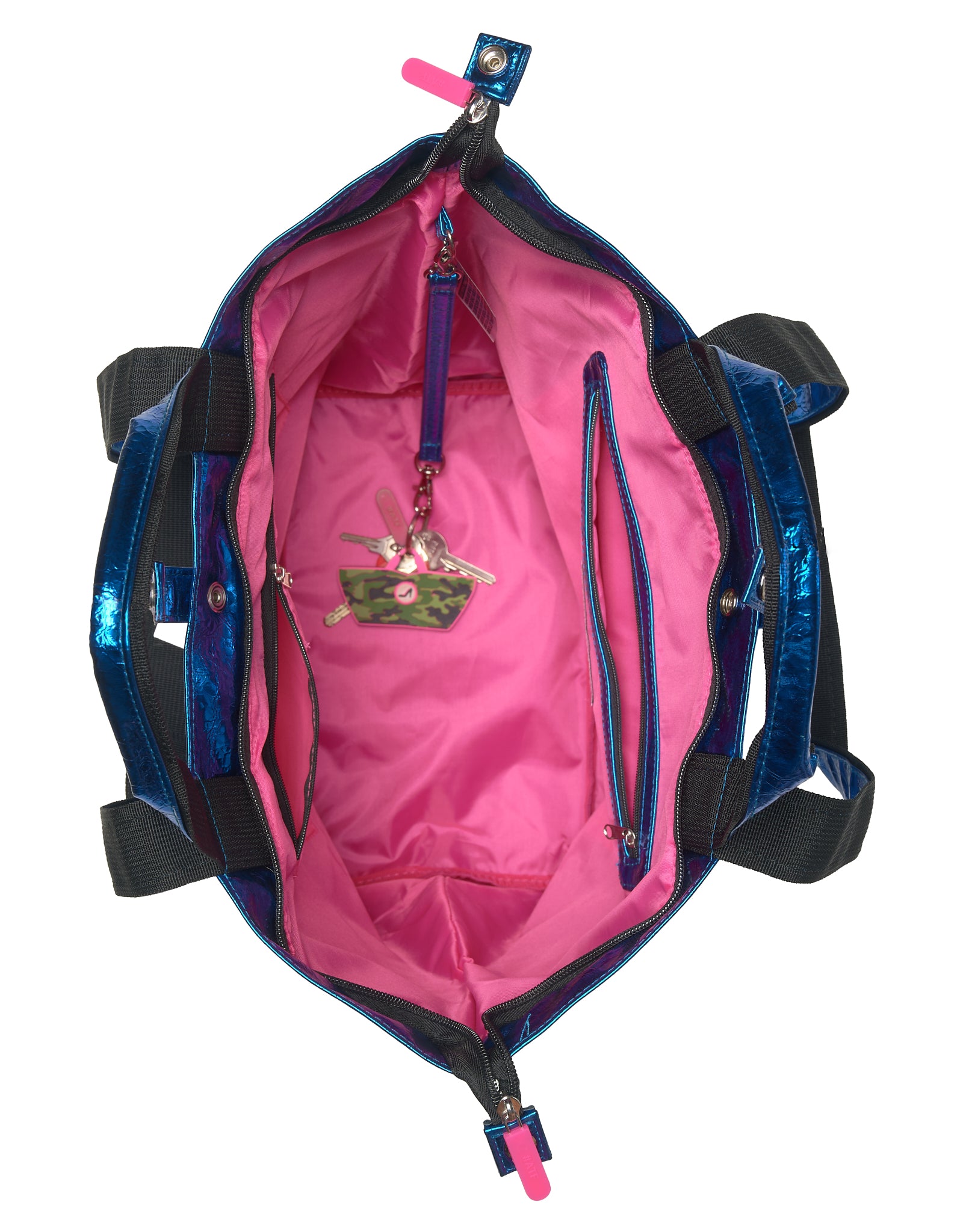 Inside medium tote bag with zipper, pink lining and inner pocket, PU metallic blue