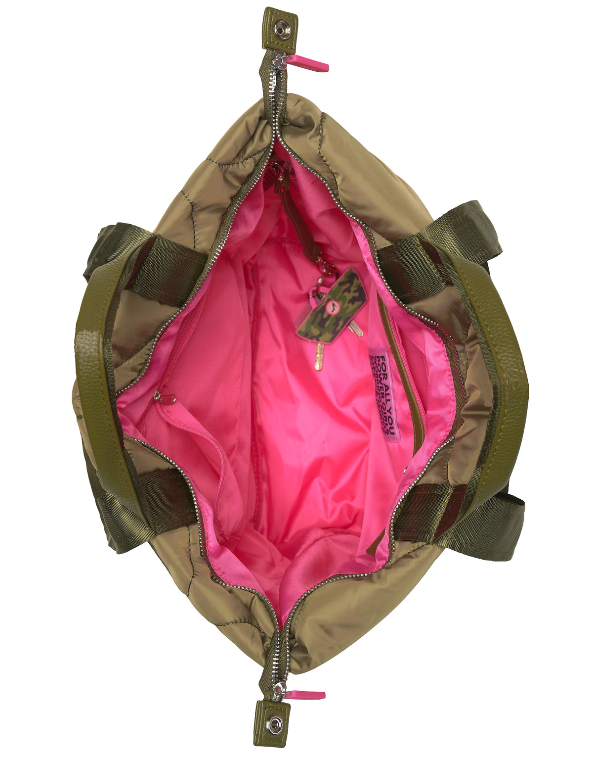 Top view of green puffy small tote bag with pink lining, zippered pocket, DIANA design.