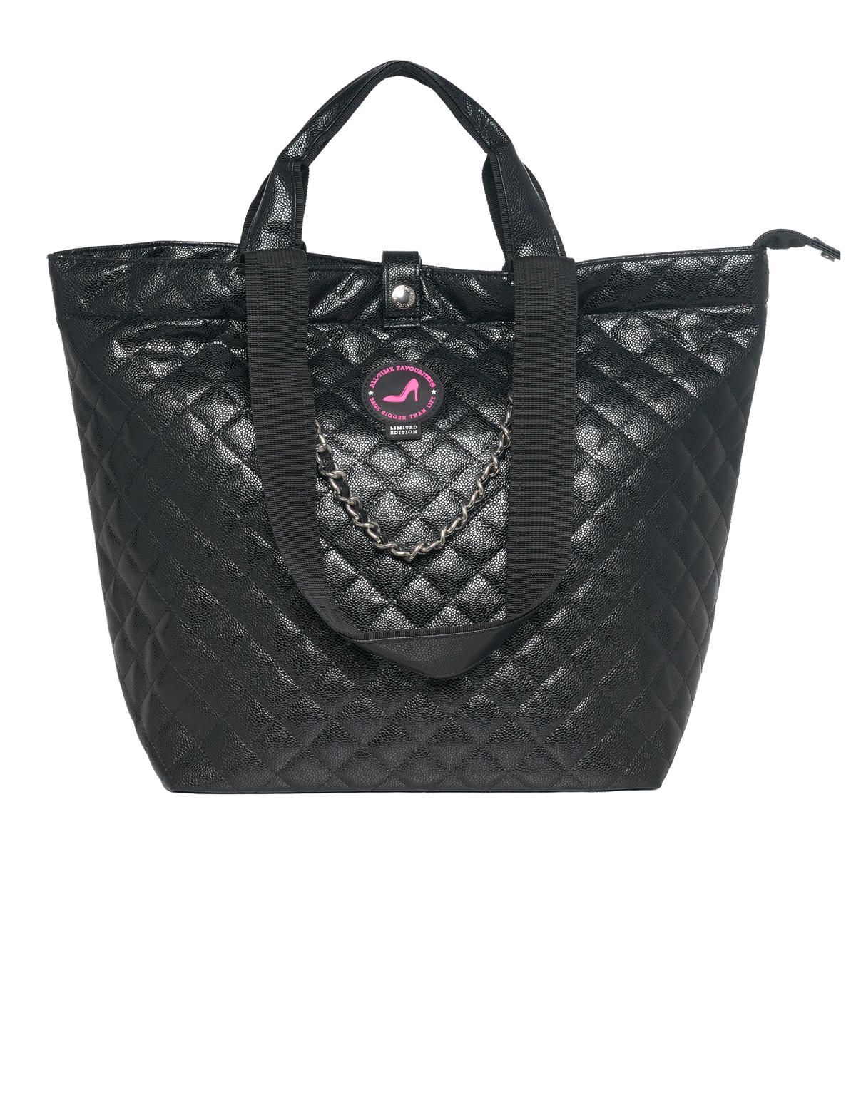 Black caviar leather small tote bag with chain detail and pink logo by KATE, All-time Favourites.