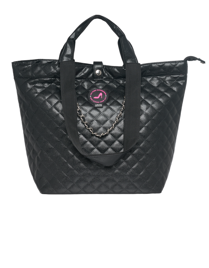 Black caviar leather small tote bag with chain detail and pink logo by KATE, All-time Favourites.