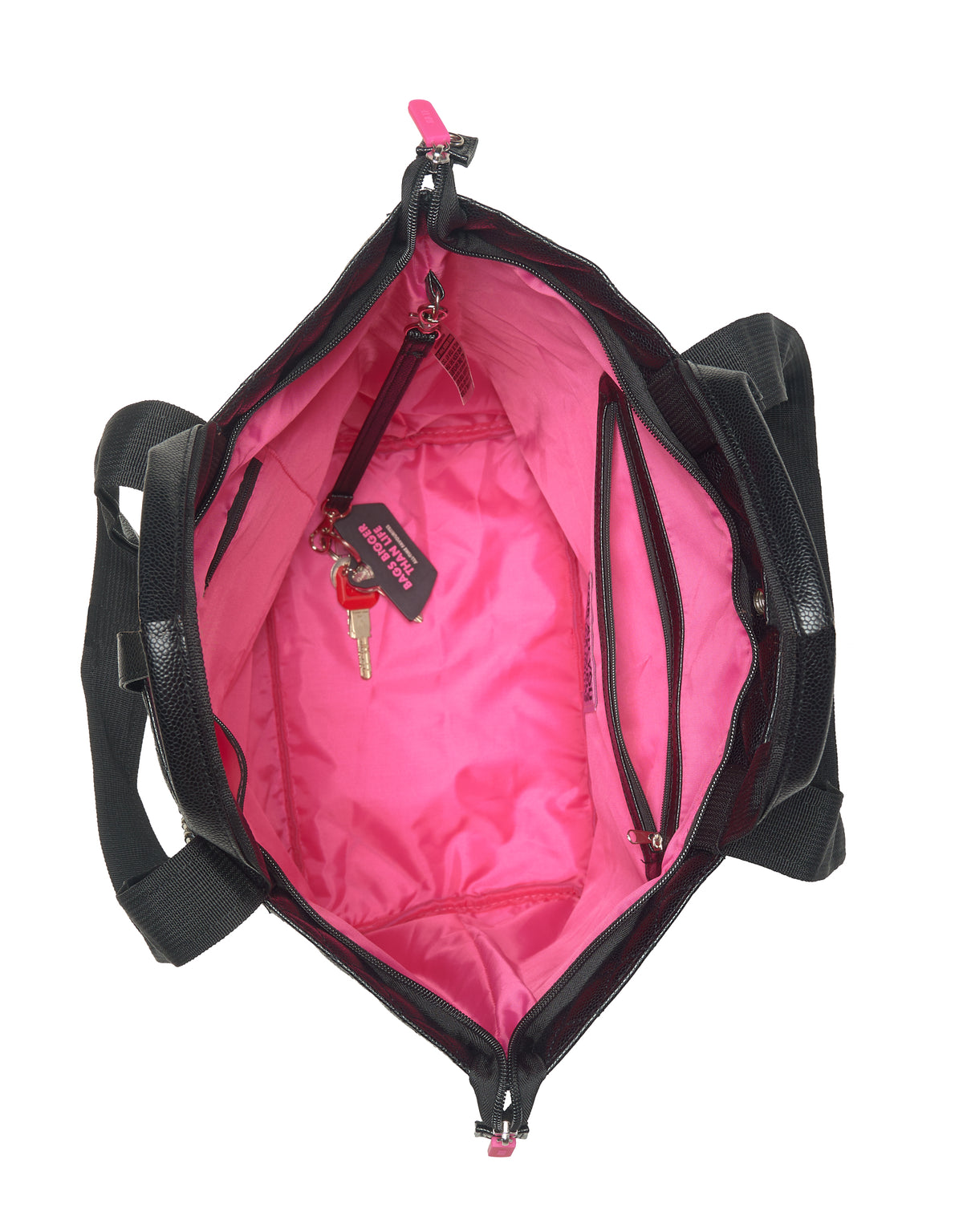 Small black caviar leather tote bag with pink interior, key clip, and side zip pocket.