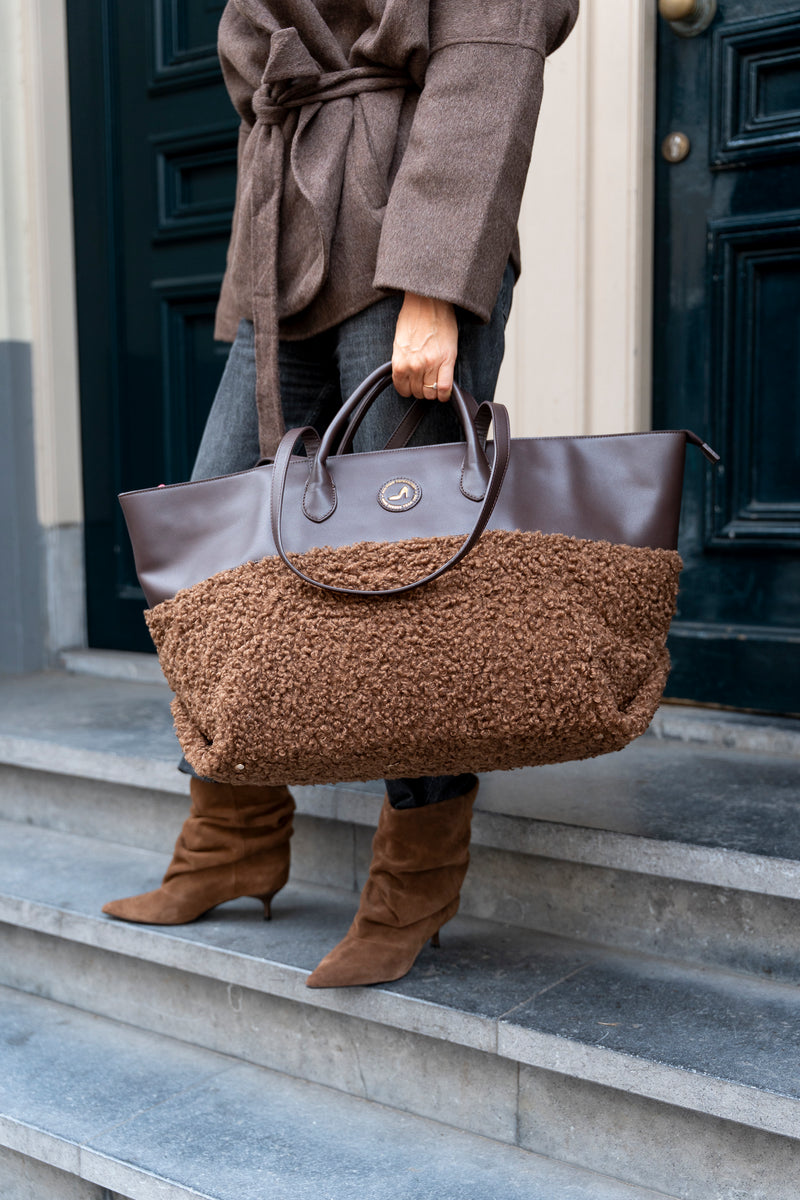 Medium Tote Bag Faux Shearling Brown GRACE