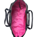 Medium black faux shearling tote bag with bright pink lining and inner zippered pocket.