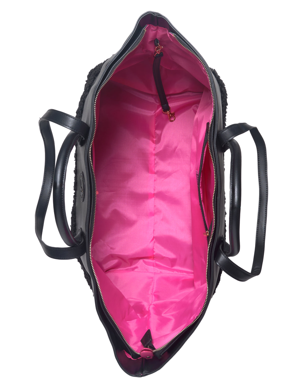 Medium black faux shearling tote bag with bright pink lining and inner zippered pocket.