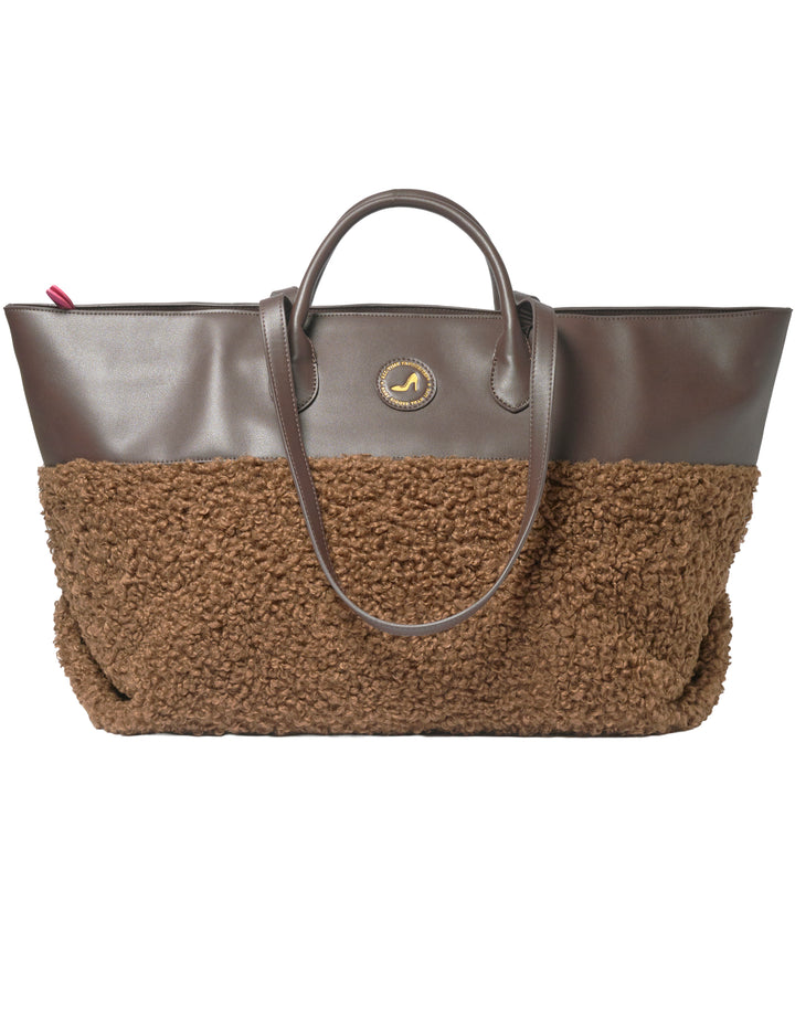 Brown shopper tote with leather trim and textured fuzzy bottom, Grace Icon Set by All-time Favourites.