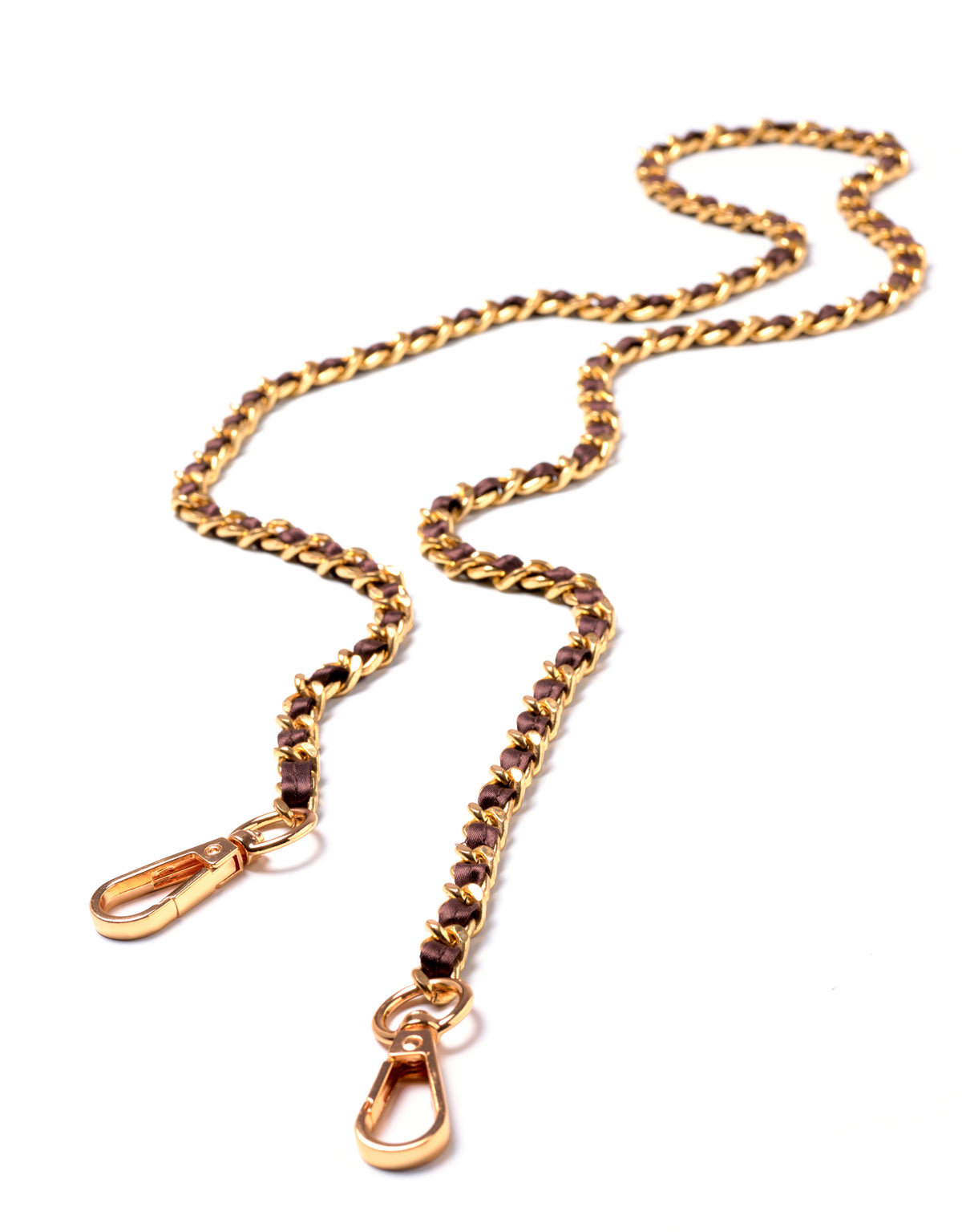 Gold- und brauner Umhängeriemen aus Kette mit Verschlüssen, passend zu Shopper-Taschen oder Clutches, hochwertiges Material.