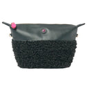 Black faux shearling clutch bag with zip closure, pink charm detail, vegan material, and double handles.