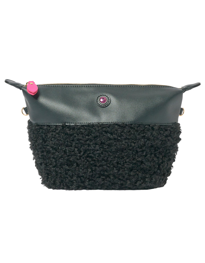 Black faux shearling clutch bag with zip closure, pink charm detail, vegan material, and double handles.