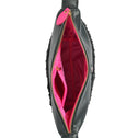 Top view of black faux shearling IMAN clutch with gold zipper and pink lining, by All-time Favourites.