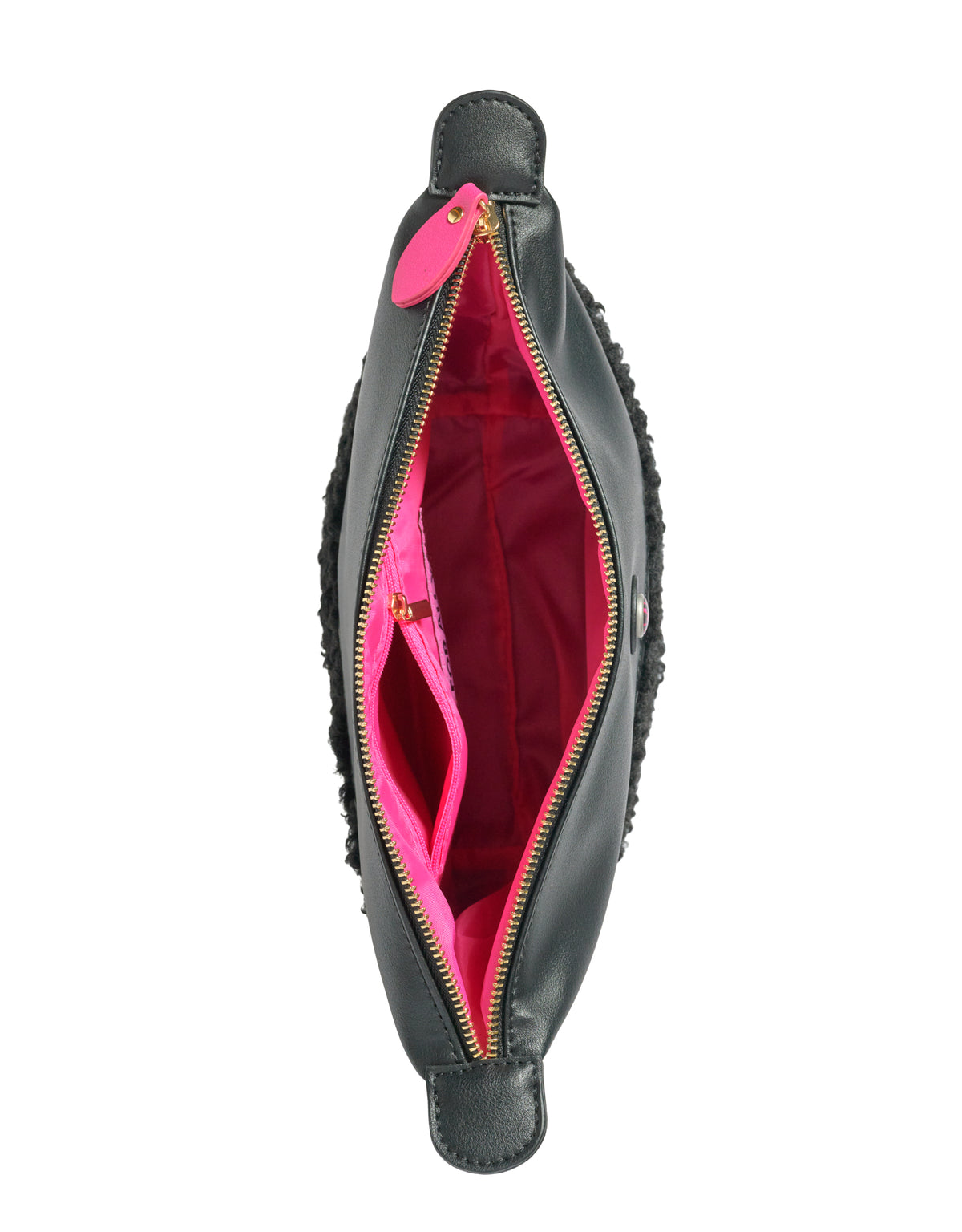 Top view of black faux shearling IMAN clutch with gold zipper and pink lining, by All-time Favourites.