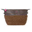 Brown faux shearling clutch with vegan leather and pink accents by GRACE, All-time Favourites; fuzzy base.