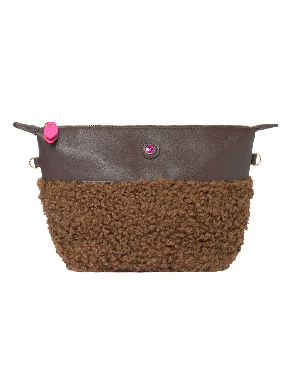 Brown faux shearling clutch with vegan leather and pink accents by GRACE, All-time Favourites; fuzzy base.
