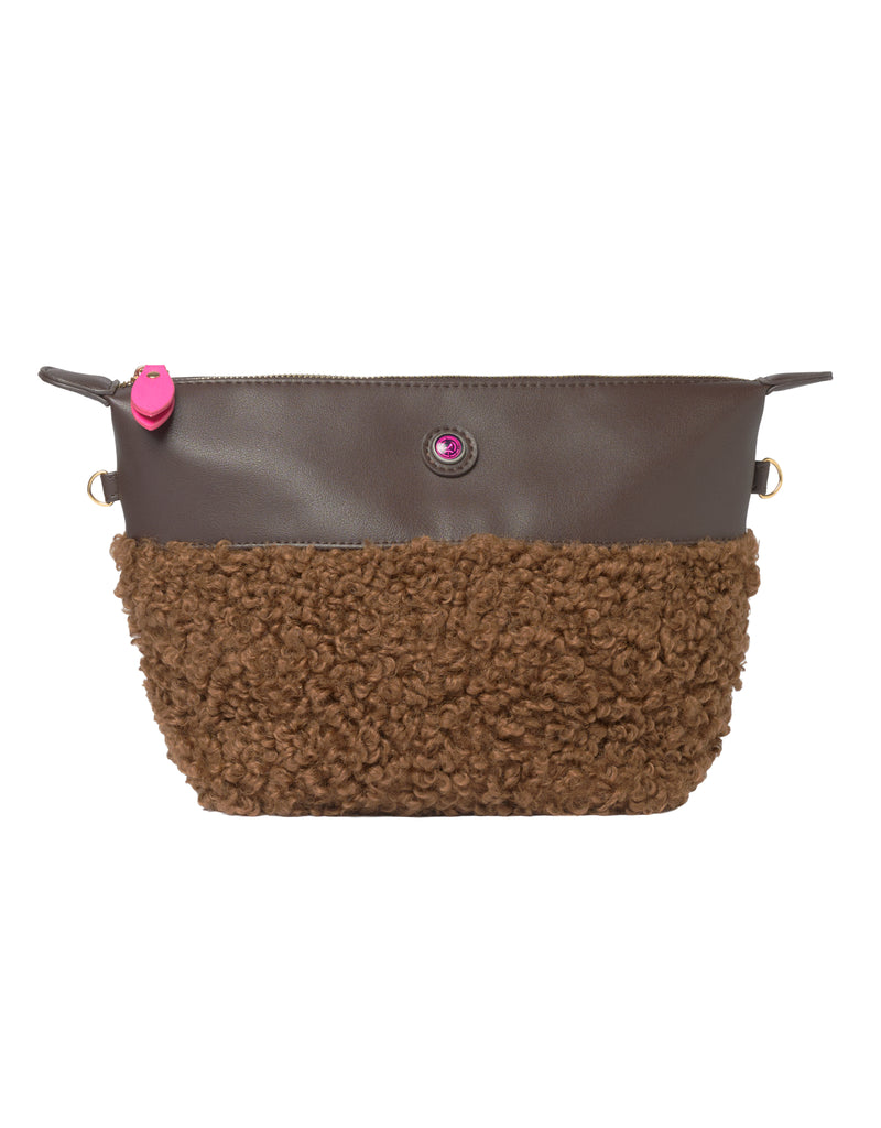 Brown faux shearling clutch with vegan leather and pink accents by GRACE, All-time Favourites; fuzzy base.