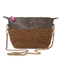 Brown leather crossbody bag with textured base, gold chain strap, and pink-zip tag by All-time Favourites.