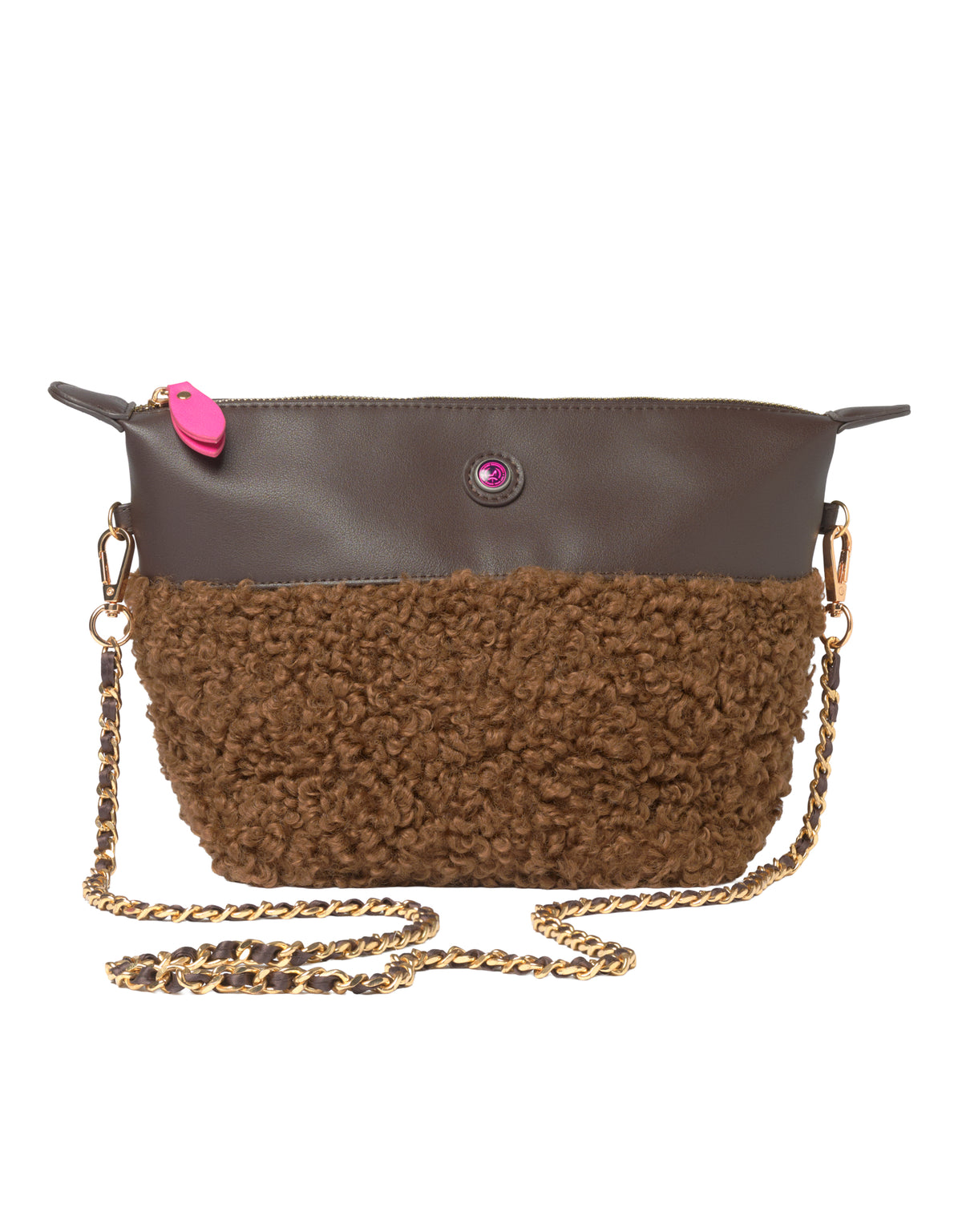 Braune Handtasche mit goldenem Kettenriemen, rosa Reißverschlusszug und Unterseite aus Kunstlammfell aus der „Grace Icon“-Kollektion von All-time Favourites.