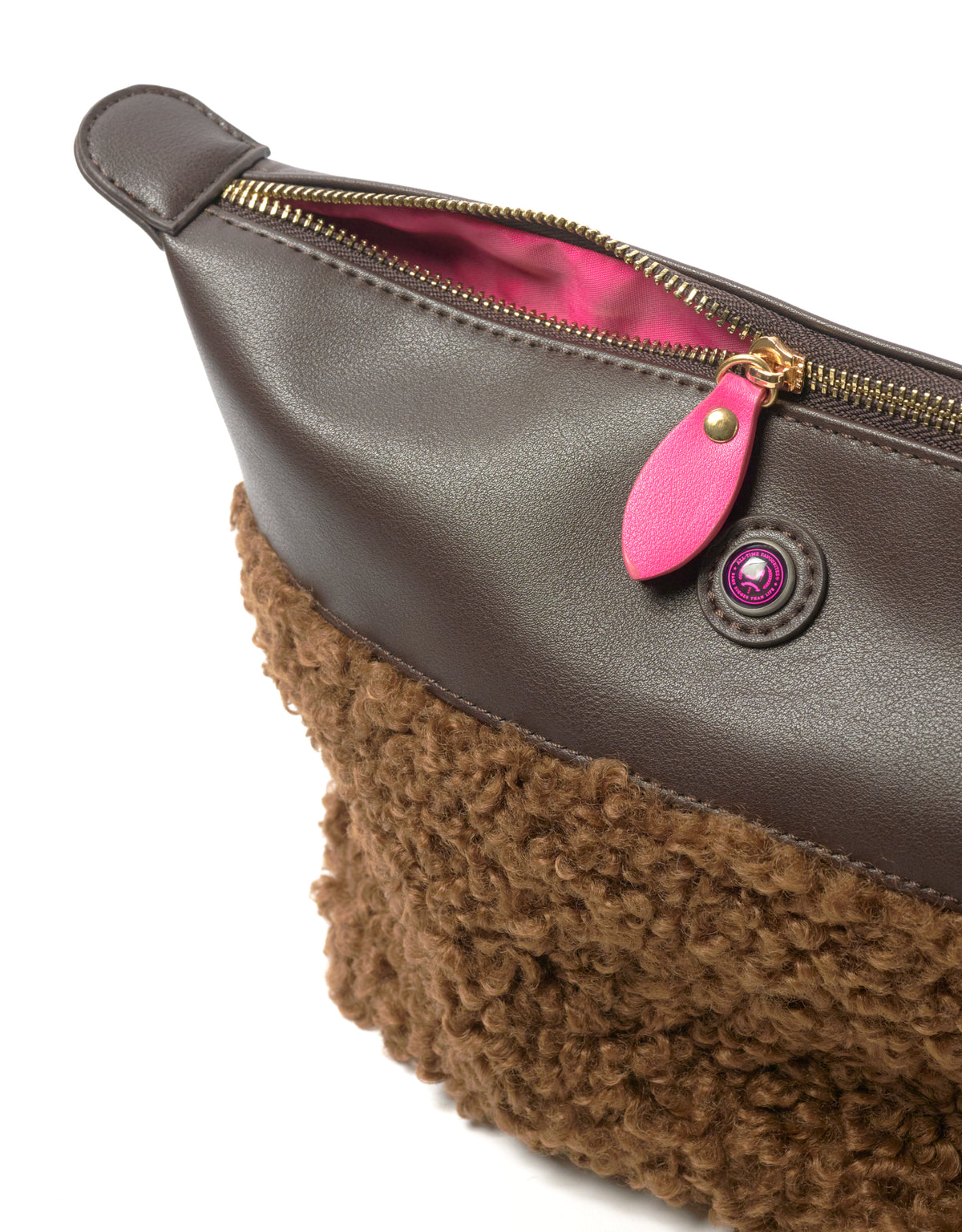Brown faux shearling clutch pouch, vegan material, by All-time Favourites; suitable for makeup or toiletries.