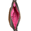 Brown faux shearling clutch with pink lining and gold zip, ideal as a makeup bag or pouch.