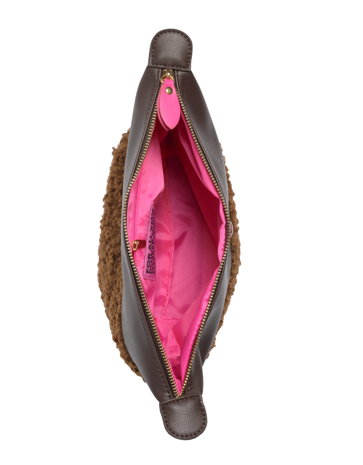 Brown faux shearling clutch with pink lining and gold zip, ideal as a makeup bag or pouch.