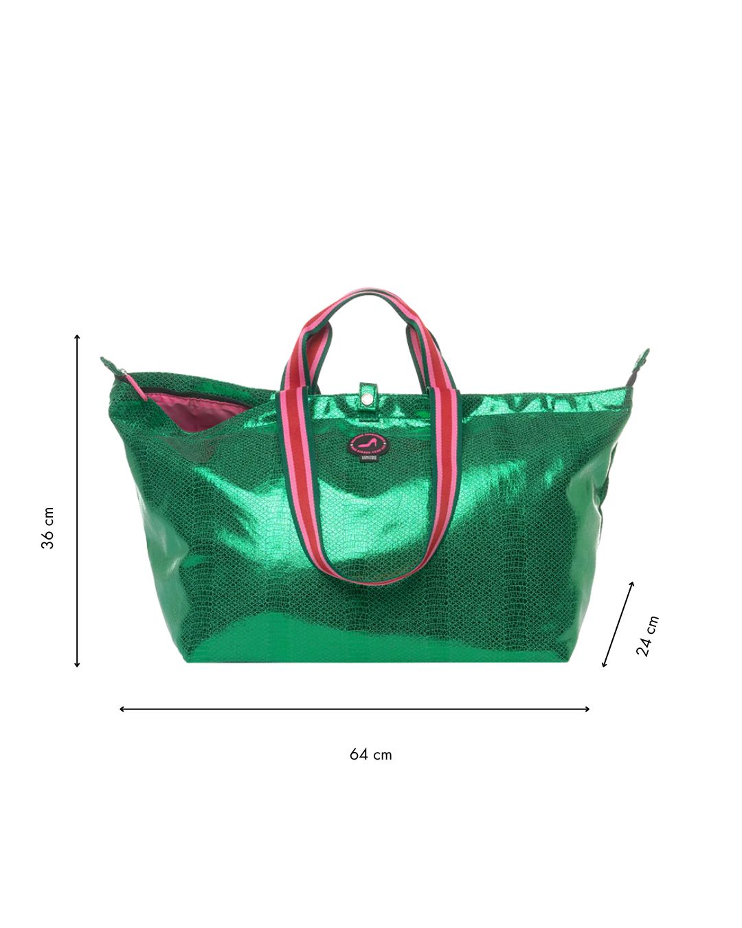 Metallic green medium tote bag with striped handles, python pattern, Venezia design, 64x36x24 cm.
