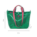 Limited edition Small Tote Bag Metallic Green VENEZIA in python print with pink and green striped handles, round logo on the front, and dimensions: 30 cm tall, 45 cm wide, 18 cm deep.