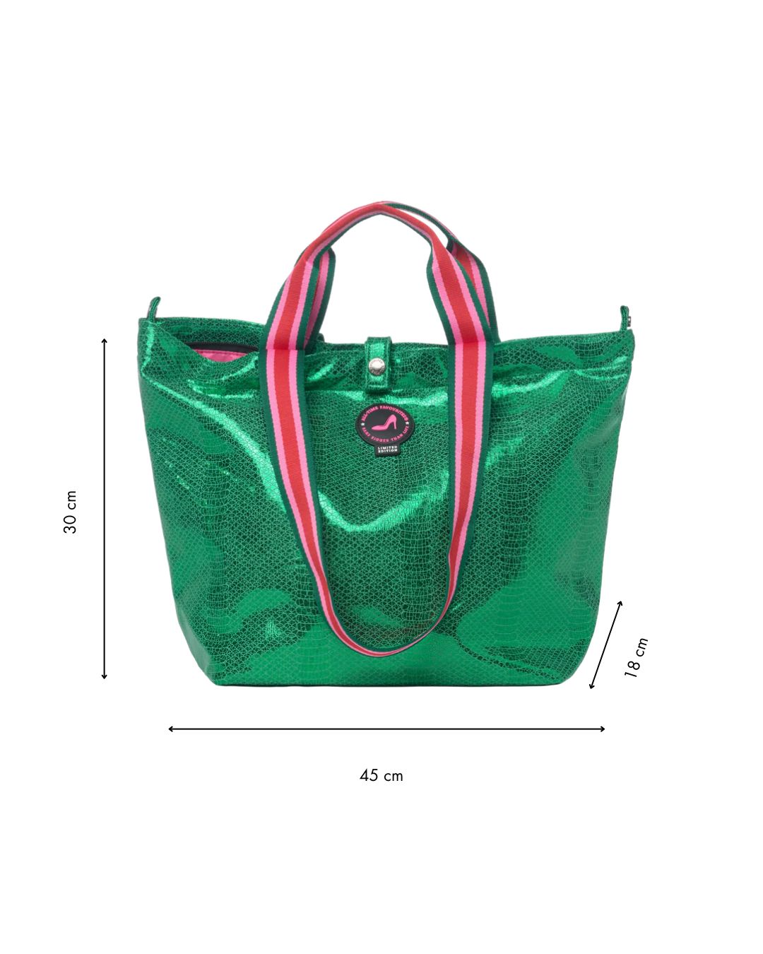 Limited edition Small Tote Bag Metallic Green VENEZIA in python print with pink and green striped handles, round logo on the front, and dimensions: 30 cm tall, 45 cm wide, 18 cm deep.