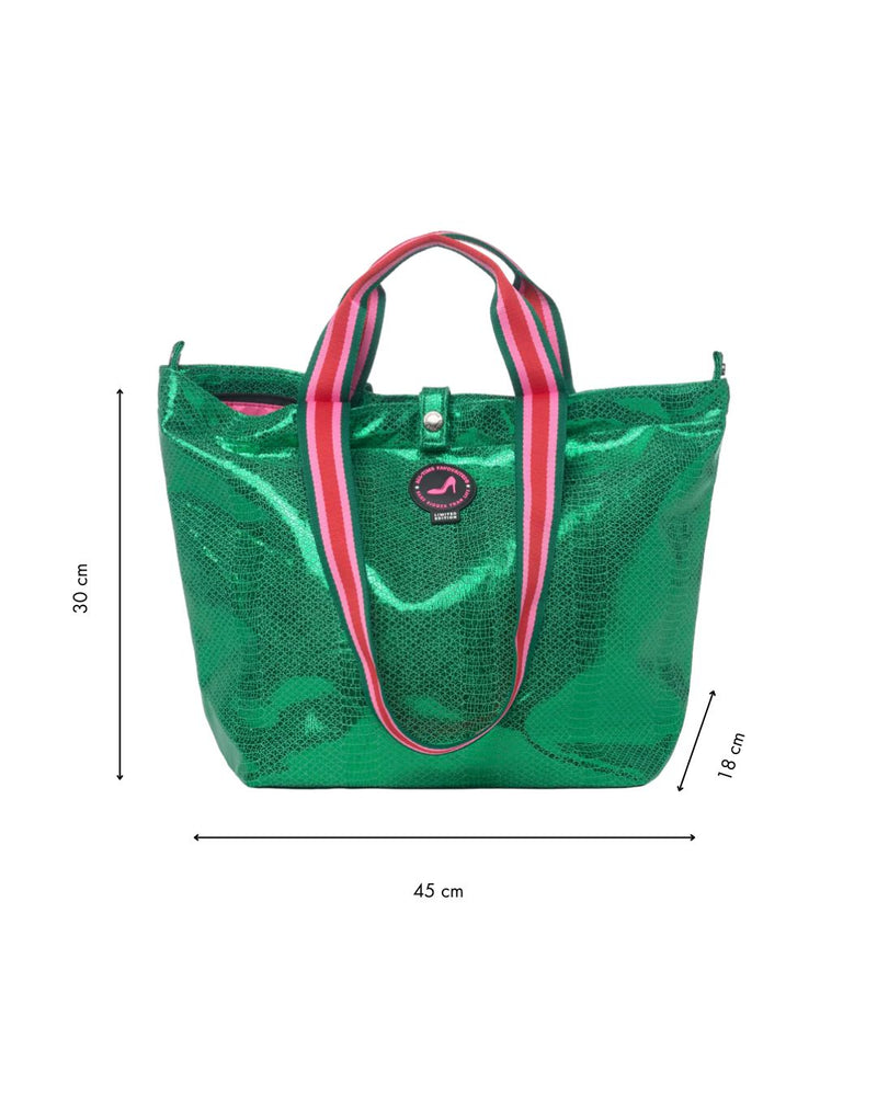 Limited edition Small Tote Bag Metallic Green VENEZIA in python print with pink and green striped handles, round logo on the front, and dimensions: 30 cm tall, 45 cm wide, 18 cm deep.