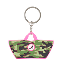 Camouflage-patterned keychain with pink accents on a white background