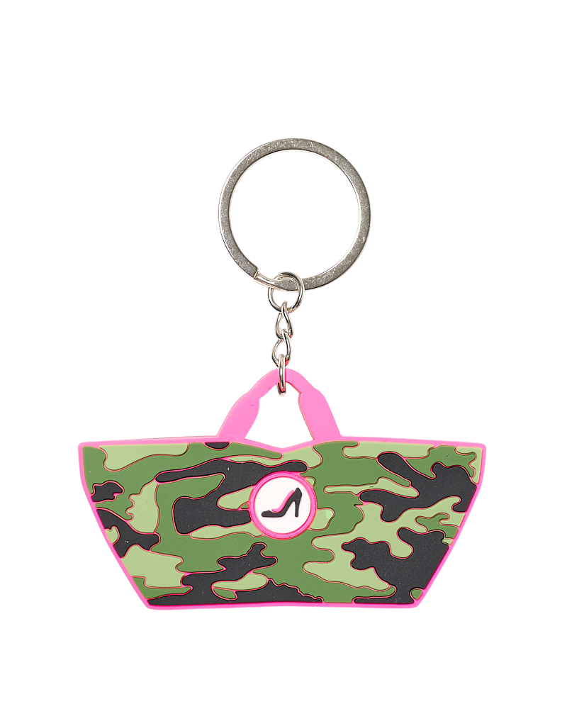 Camouflage-patterned keychain with pink accents on a white background