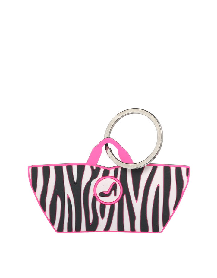 Mini-Tote-Schlüsselanhänger mit Zebrastreifen von All-time Favourites, aus schwarz-weißem Kunstleder, in Handtaschenform.