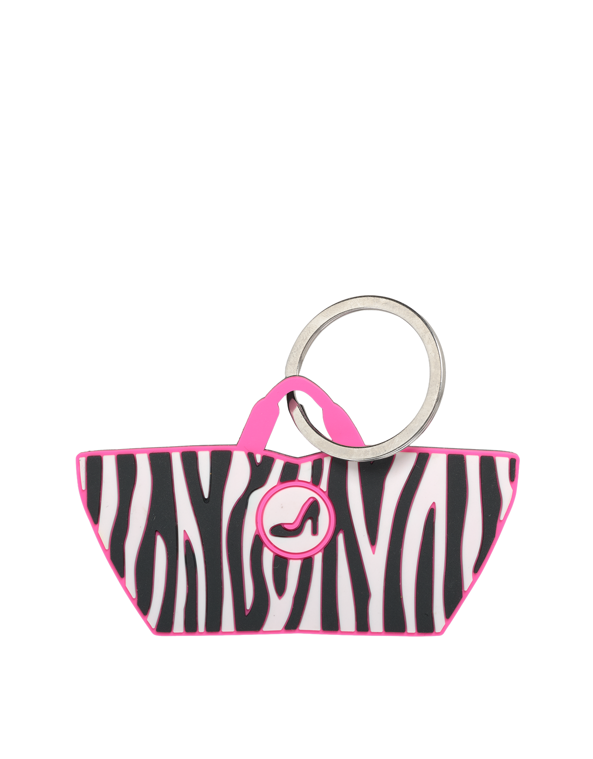 Zebra-striped mini tote keychain by All-time Favourites, black and white faux leather, handbag shape.