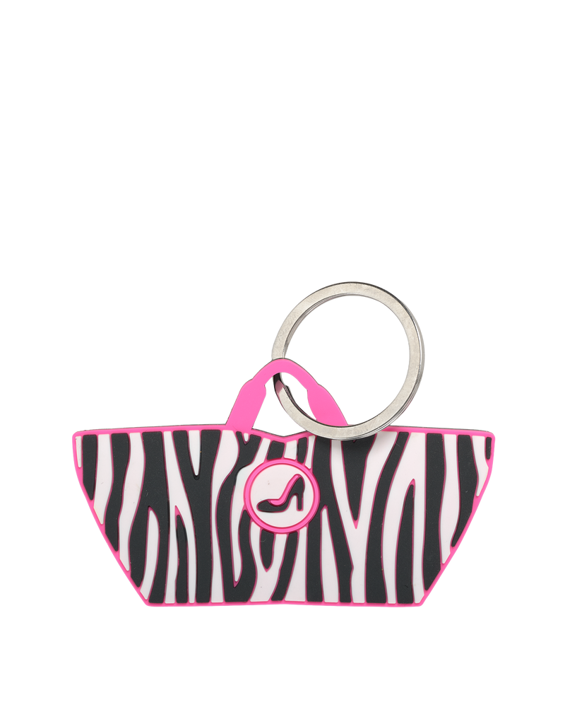 Zebra-striped mini tote keychain by All-time Favourites, black and white faux leather, handbag shape.