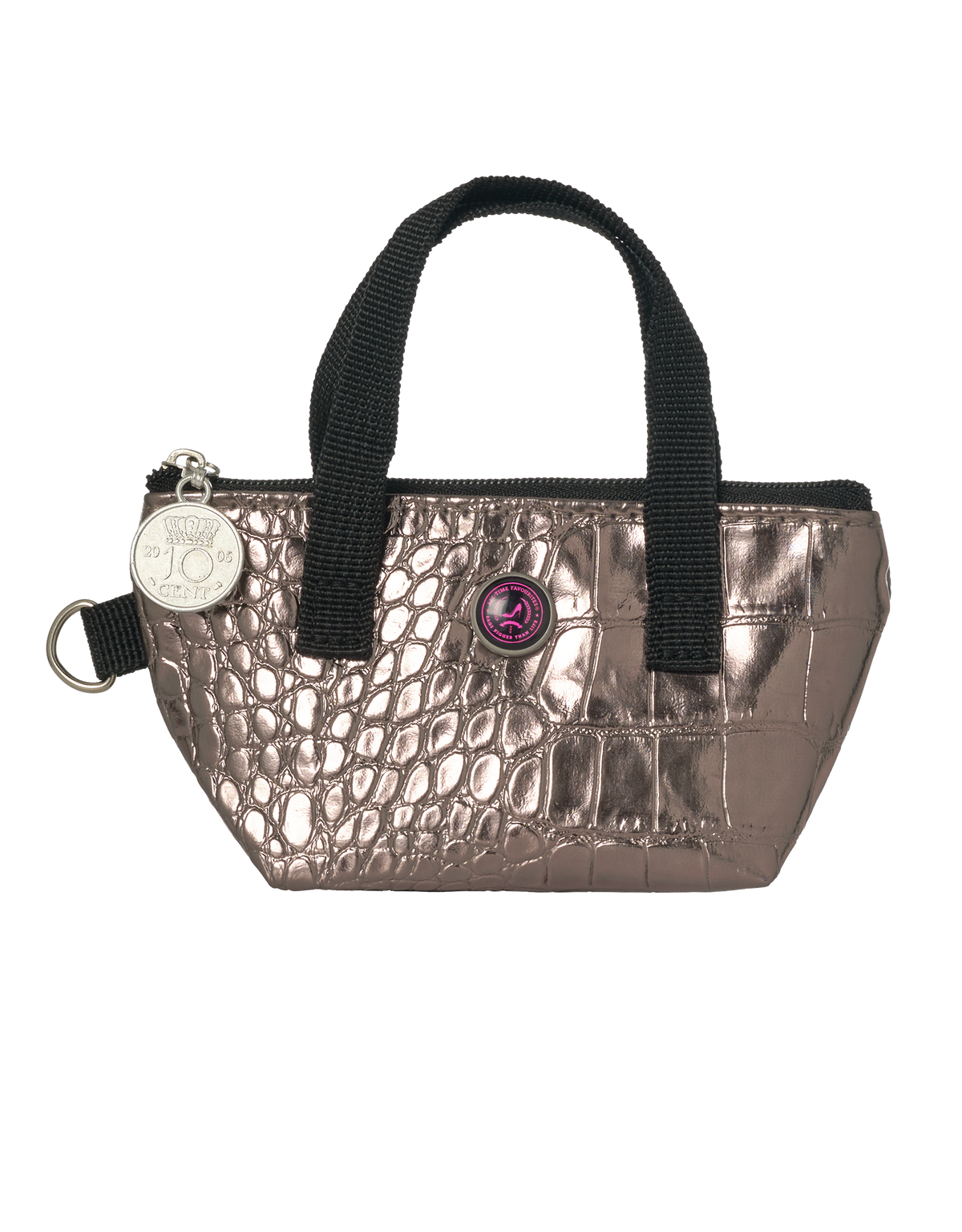 Bronzen metallic sleuteltasje BRIGITTE van All-time Favourites met zwarte hengsels en een rond skiresortlogo.