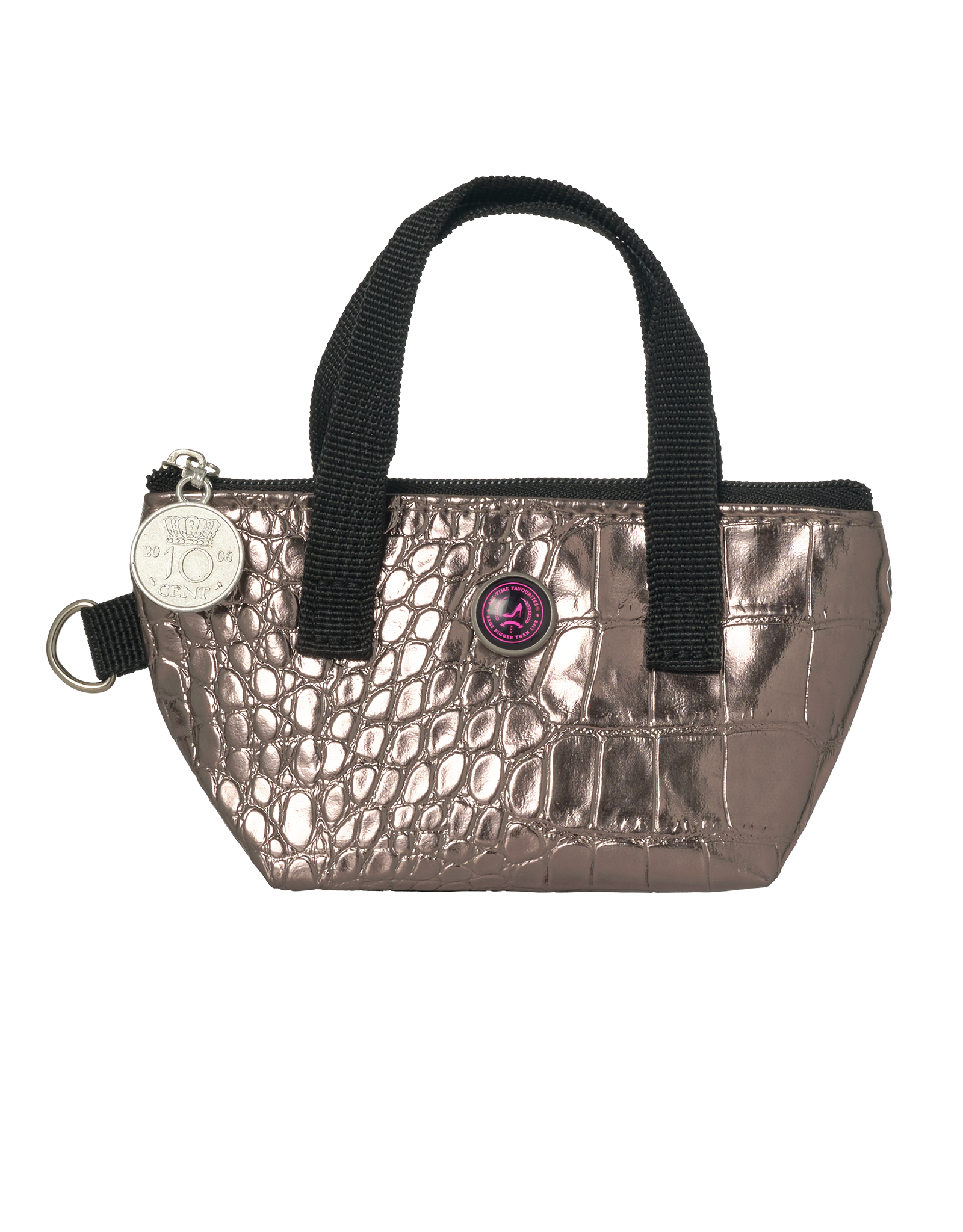 Mini metallic handbag with black handles without background