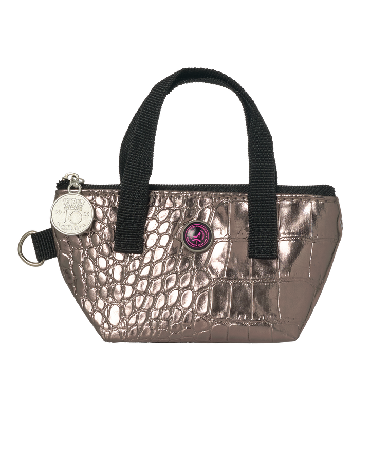 Bronze metallic key pouch BRIGITTE by All-time Favourites with black handles and round ski resort logo.