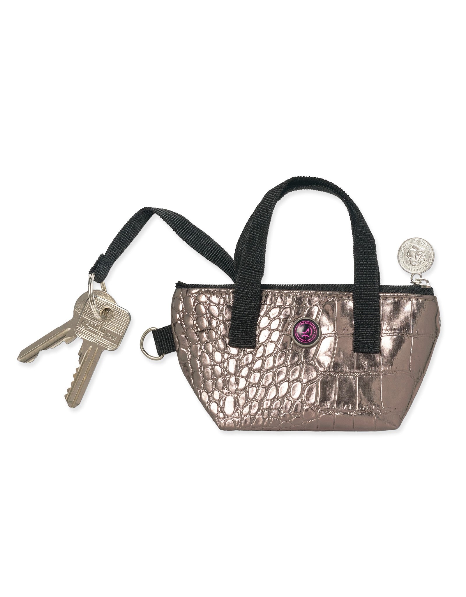 Small metallic key pouch with black straps and keys on a white background