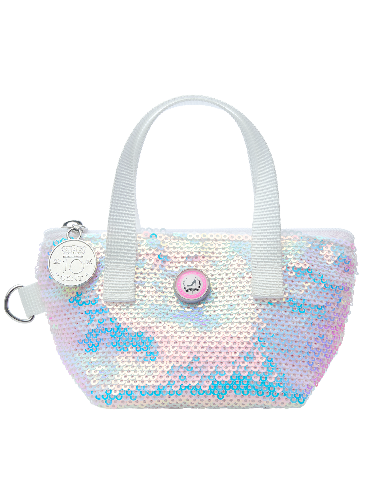 Weißer Schlüsselbeutel mit perlfarbenen Pailletten, schillernden Pailletten, weißen Henkeln, rosa Akzenten und einem Schlüsselhalter.