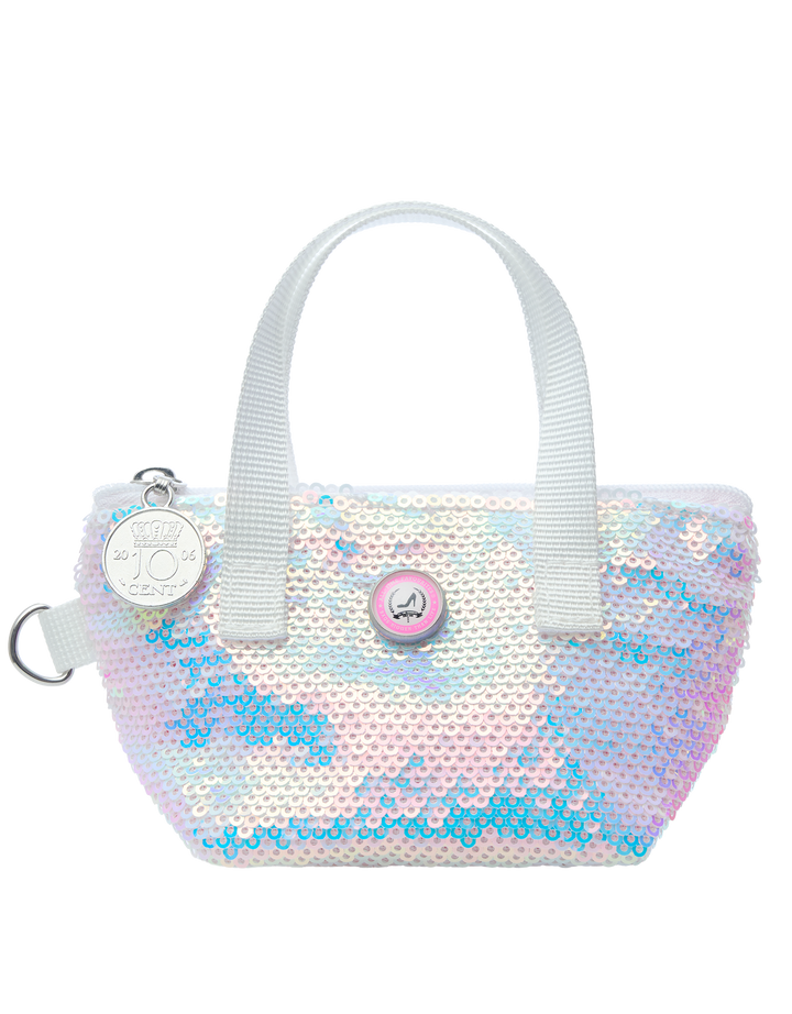 Wit parelmoerachtig tasje voor sleutels met iriserende pailletten, witte hengsels, roze details en een sleutelhouder.