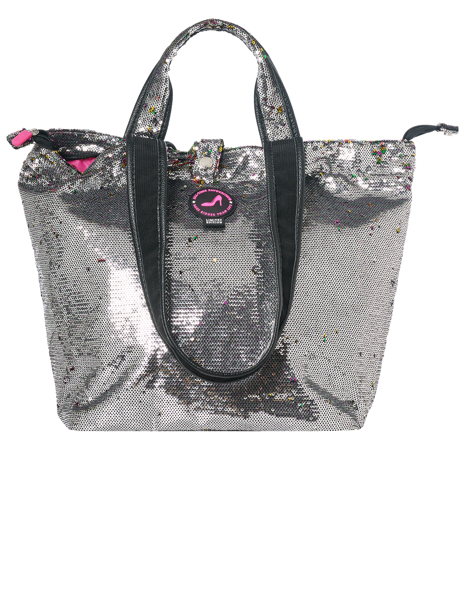Mini shopper met rits, pailletten grijs met regenboogkleuren