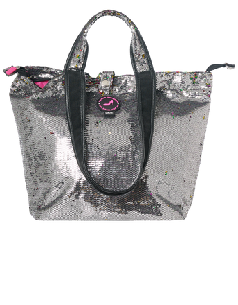 Mini shopper met rits, pailletten grijs met regenboogkleuren