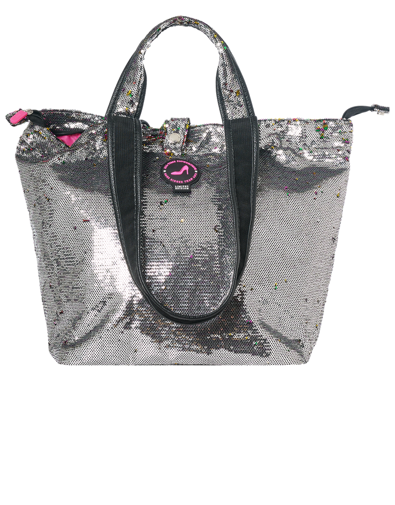 Mini shopper met rits, pailletten grijs met regenboogkleuren