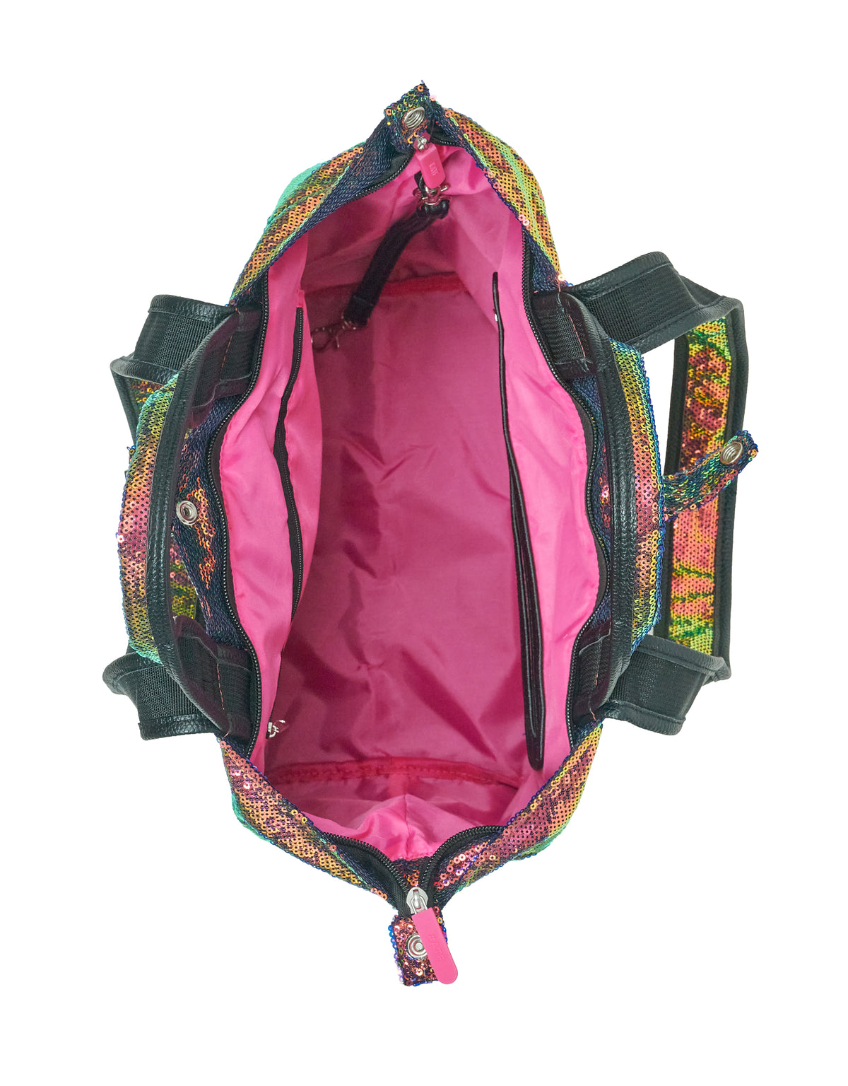 Small Ibiza tote bag with multicolour sequins, bright pink interior, and zippered compartments.