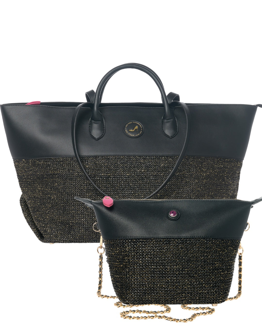 Black Sophia Icon Set handbags with woven bottoms, gold chain straps, and pink accents by All-time Favourites.