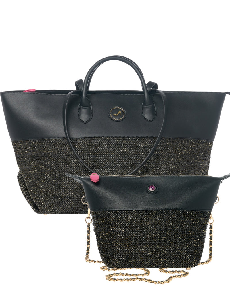 Black Sophia Icon Set handbags with woven bottoms, gold chain straps, and pink accents by All-time Favourites.