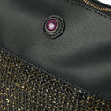 Black vegan leather clutch with black raffia and gold thread detail