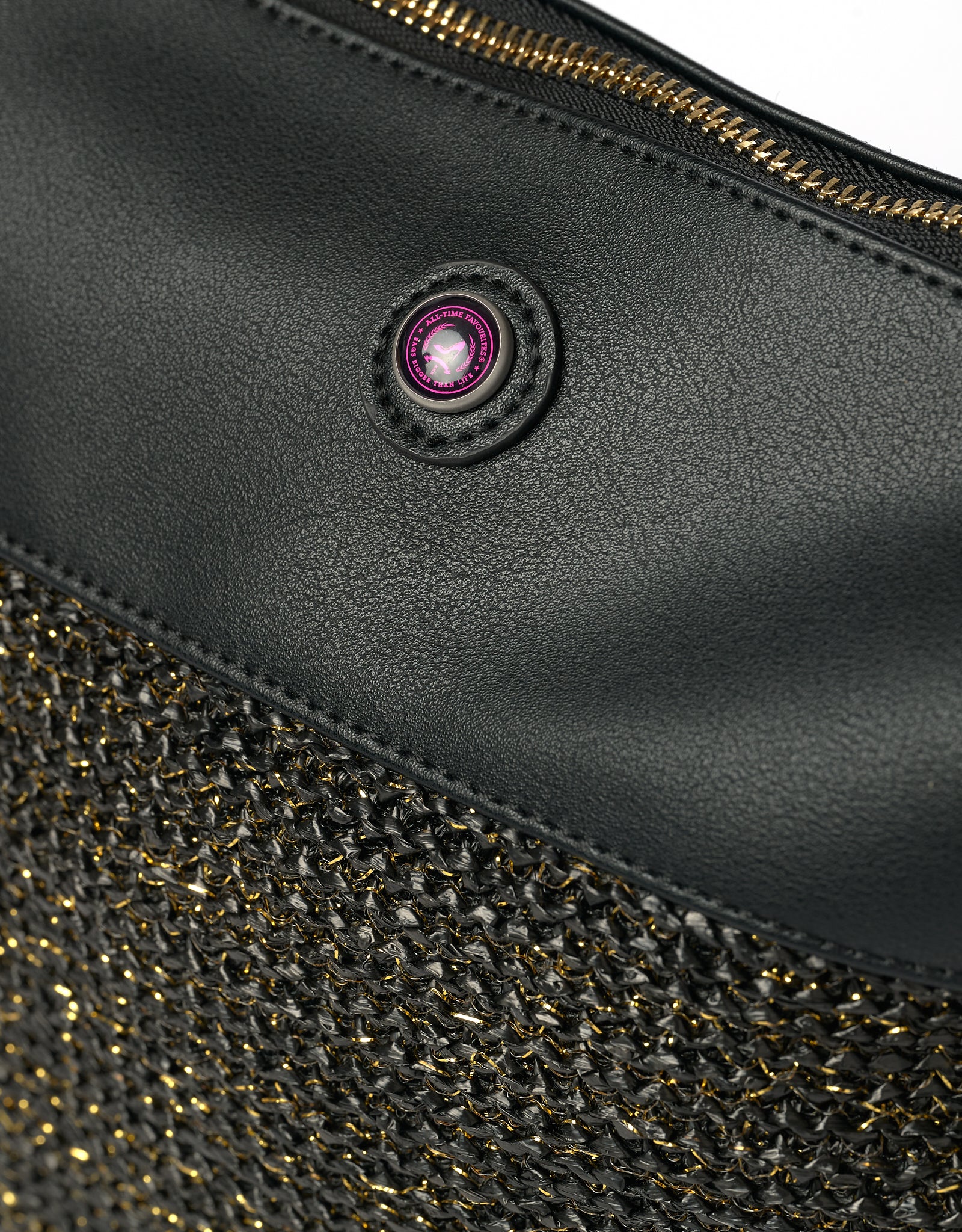 Black vegan leather clutch with black raffia and gold thread detail