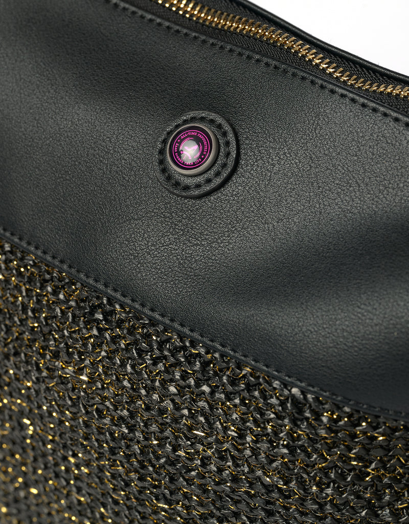Black vegan leather clutch with black raffia and gold thread detail