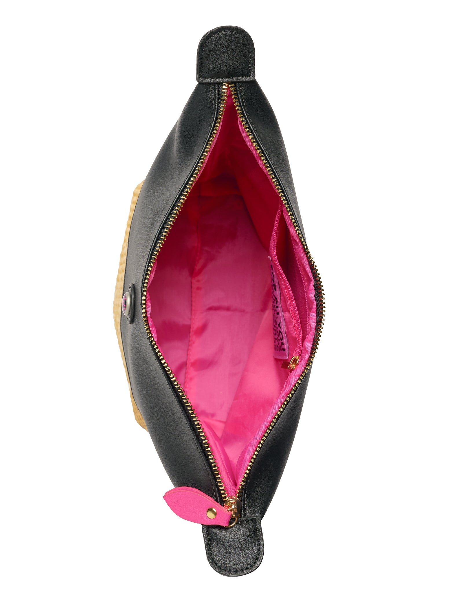 Inside of black vegan leather bag with pink lining and zipper pocket