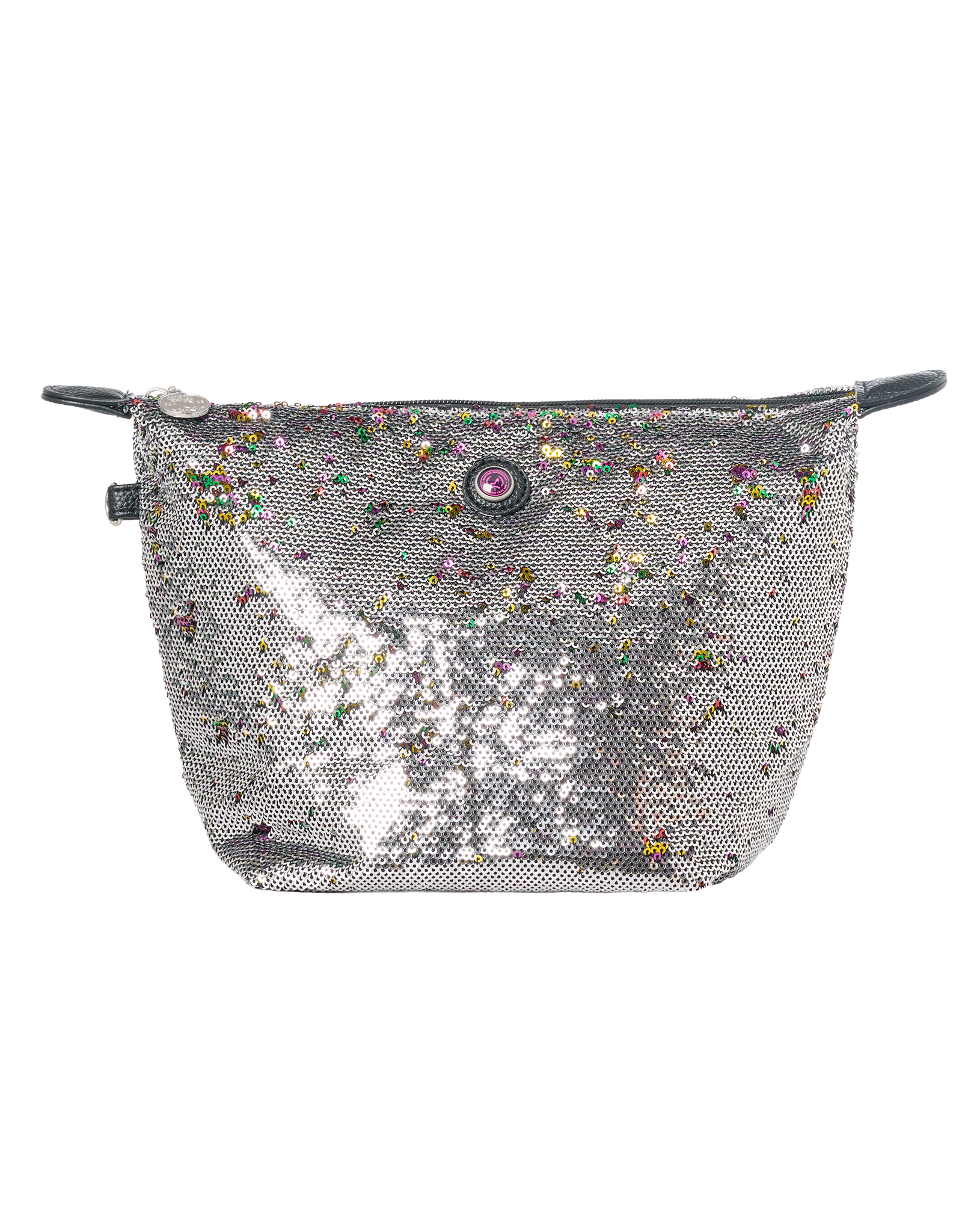 Toilettas met rits, pailletten grijs met regenboogkleuren
